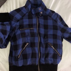 blue and black plaid jacket